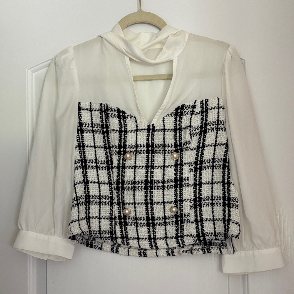 Women's Cream Blouse with Black Tweed Front